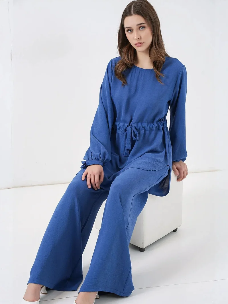 BIG DART BDART Crew Neck Tie Detail Tunic and Wide Leg Pants Set
